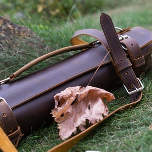Leather chef knife case with durable straps and elegant design.