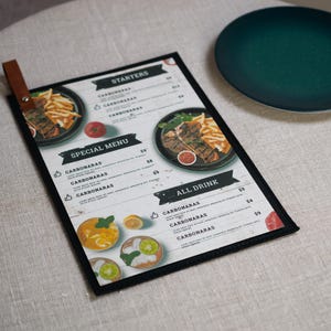 Menú de restaurante de inspiración vintage con soporte de cuero rústico