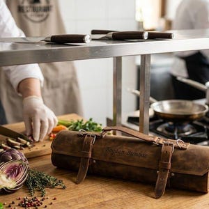 Personalized Leather Knife Roll Bag, Handcrafted Chef Storage, Custom Engraved Gift