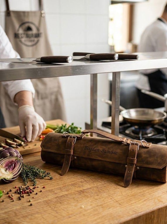 Personalized Leather Knife Roll Bag, Handcrafted Chef Storage, Custom Engraved Gift