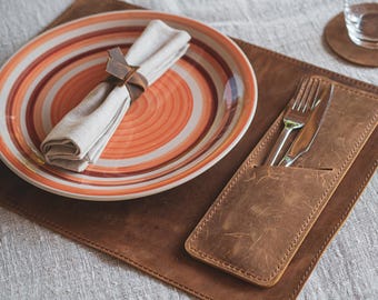 Manteles individuales de cuero hechos a mano: decoración personalizada para la mesa del comedor (40 x 30 cm)