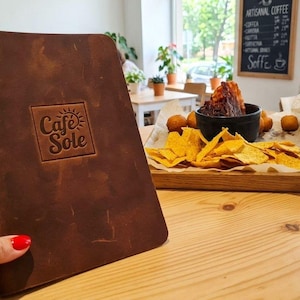 Custom Full-Grain Leather Menu Cover, Personalized Restaurant Cafe Holder, Logo Engraved