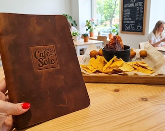 Custom Full-Grain Leather Menu Cover, Personalized Restaurant Cafe Holder, Logo Engraved