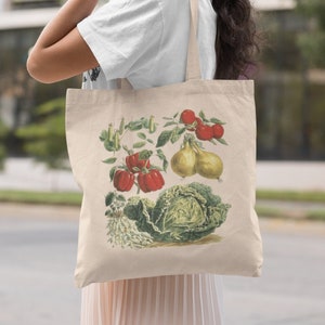 Vintage Botanical Illustration Vegetable Garden Canvas Tote, Gardener Gift, Vegetarian Gift, Veggies Illustration CottageCore Aesthetic Tote