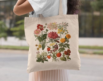 Cottagecore Botanical Flowers Canvas Tote Bag: Vintage Garden Gift