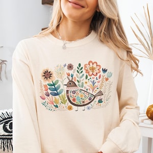 Boho volkskunst vogelshirt, comfortkleuren vogel en bloemen shirt met lange mouwen, retro bloemen vogelshirt, Cottagecore-shirt, boho vogelt-shirt
