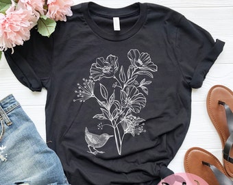 Camiseta de pájaro botánico: camiseta floral vintage, estilo cottagecore
