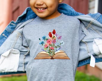 Kid's or Adult Wild Flower & Book T-shirt, Loves Books Tshirt, Book Club Gift, Book Lover Gift, Bibliophile Librarian Shirt, Sizes to 4XL