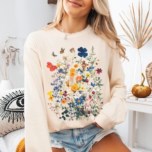 Wildflowers & Butterflies Long Sleeve T-shirt: Comfort Colors Cottagecore Floral