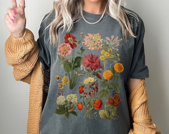 T-shirt couleurs confort fleurs vintage Cottagecore, fleurs botaniques vintage, chemise esthétique jardin, floral universitaire léger, chemise fille granola