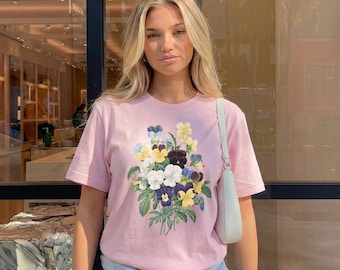 T-shirt vintage con stampa floreale di viole del pensiero – Maglietta floreale in stile cottagecore, maglietta da giardino botanico, top grafico morbido e femminile con estetica primaverile