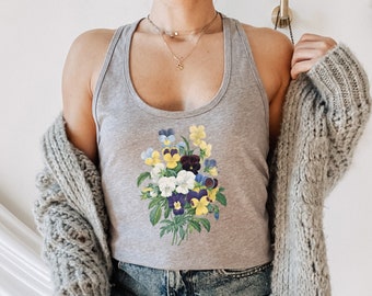 Vintage Pansies Tank Top: Botanical Cottagecore Floral Shirt