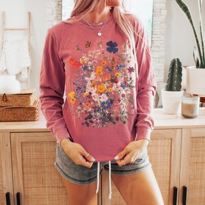Wildflower Butterfly Long Sleeve T-shirt: Comfort Colors Cottagecore Floral