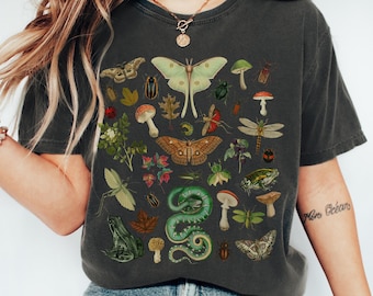 Vintage Goblincore T-Shirt: Naturalist Insect & Mushroom Print