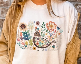Boho Folk Art Bird Shirt, Comfort Colors Bird and Flowers Shirt, Boho Tshirt, Flower Shirt, Cottagecore Shirt, Boho Spring Tshirt 4XL PM1073