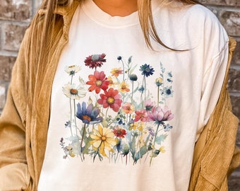 Boho Watercolor Wildflowers Tshirt, Comfort Colors Flower Shirt, Floral Tshirt, Cottagecore Shirt, Boho Watercolor Floral Tshirt  4XL PM1068