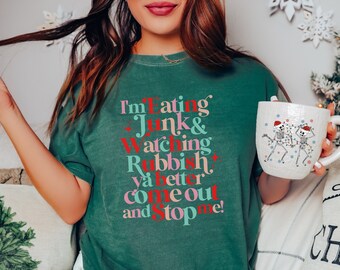 Comfort Colors Vintage Wash Christmas T-Shirt, Eating Junk Watching Rubbish Shirt, Funny Christmas Movie Tshirt