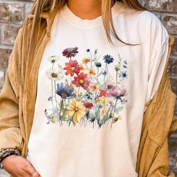 T-shirt bohème aquarelle fleurs sauvages, chemise fleurie couleurs confort, t-shirt floral, chemise cottagecore, t-shirt bohème aquarelle floral 4XL PM1068
