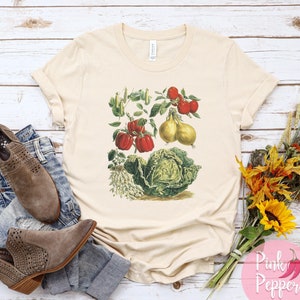 Vintage Veggie Garden Shirt, CottageCore Aesthetic Vegetables T-shirt, Boho Foodie Gift Tee Gardener Gift Shirt Plus to 4XL Vegetarian Gift