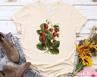 Vintage Botanical Strawberry T-Shirt: Cottagecore Gardening Tee