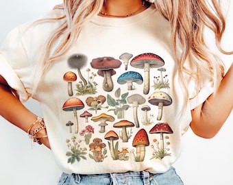 Vintage Mushrooms T-Shirt: Cottagecore Botanical Garment Dyed Tee