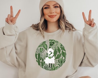 Retro Halloween Ghostie Sweatshirt Vintage Cute Ghost Plant Lover Green Thumb Retro Fall Shirt Cute Halloween Sweatshirt Spooky Season 4XL