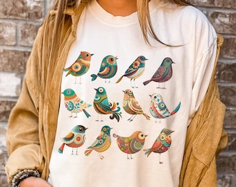 Boho Folk Art Birds T-Shirt, Comfort Colors Folk Floral Birds Shirt, Floral Birds Granola Girl Shirt, Cottagecore Boho Spring Tshirt to 4XL