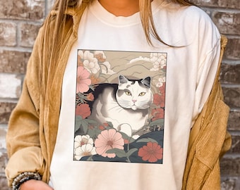 Vintage Japanese Cat Comfort Colors Tee: Ukiyo-e Floral Shirt