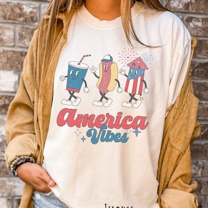 Retro Comfort Colors America Vibes Shirt, Vintage Americana Shirt, 4th Of July Shirt, USA Hot Dog Party Shirts, Funny July 4th USA to 4XL
