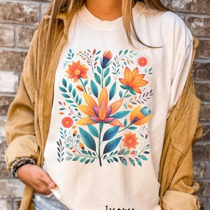 Boho Watercolor Folk Flowers shirt, Comfort Colors Flower Shirt, Wildflower Shirt, Cottagecore Shirt, Boho Folk Art Floral Tshirt 4XL PM1075