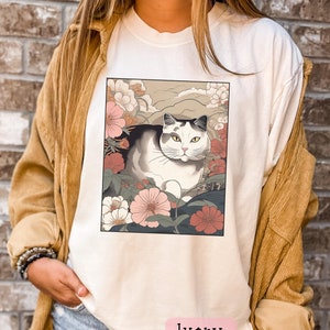 Koszulka Vintage Japanese Cat Comfort Colors: Koszulka w kwiaty Ukiyo-e