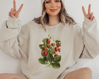 Sudadera vintage de fresa: ilustración botánica, camiseta de jardín estilo cottagecore