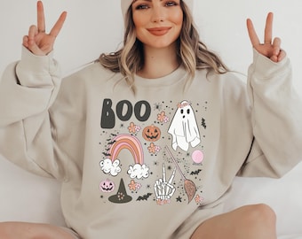 Halloween Doodles Sweatshirt Vintage Halloween Shirt Spooky Sweatshirt Witchy Clothing Fall T-Shirt Cute Trending Halloween Sweater to 5XL