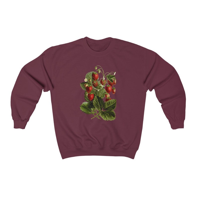 Vintage Strawberry Sweatshirt: Botanical Illustration, Cottagecore Style Maroon
