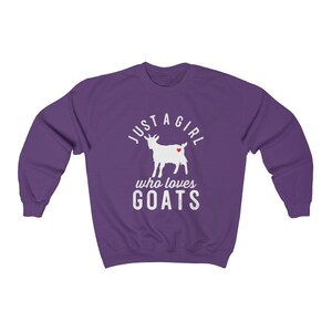 May include: Purple sweatshirt with a white silhouette of a goat with a red heart on its side. The text "Just a girl who loves goats" is printed on the sweatshirt.