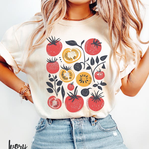 トマトガーデンプリントTシャツ：気まぐれなコテージコアヴィーガンTシャツ