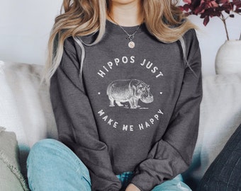 Hippo Sweatshirt Hippos Make Happy, Hippo Lover Gift, Loves Hippos Wild Animal Lover Gift Adult Kids Hippo Sweater Hippopotamus Shirt to 5XL