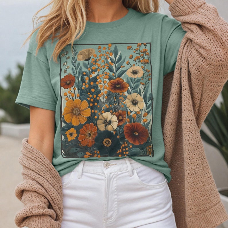 Puede incluir: Una camiseta azul turquesa con un estampado floral vintage que presenta una variedad de flores en tonos naranja, amarillo, rojo y blanco. Las flores est&aacute;n dispuestas en un dise&ntilde;o de ramo y est&aacute;n rodeadas de hojas verdes.