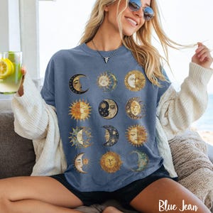 Celestial Boho Suns and Moons T-Shirt, Vintage Whimsigoth Astrology Graphic Tee, Cosmic Witchy Celestial Aesthetic Tee, Mystical Moon Girl