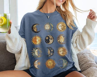 Camiseta Celestial Sol e Lua: Camiseta Vintage com Estampa Astrológica
