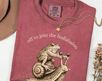 Whimsical Frog & Snail TShirt, Off to Join the Hullabaloo, Cottagecore Funny Animal Tee, Vintage Etched Frog Shirt, Cozy Chaos Gift