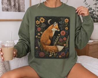 Fox and Wildflower Sweatshirt, Cottagecore Fox Sweater, Celestial Woodland Pullover, Floral Fox Crewneck, Whimsical Nature Gift