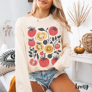 Tomato Tshirt, Cute Whimsical Long Sleeve Vegetable Garden Gift Tshirt, Boho Tomato Girl Aesthetic Cottagecore Vegetable Fruit Vegan Gifts