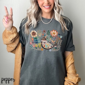 Boho Folk Art Bird Shirt, Comfort Colors Bird and Flowers Shirt, Boho Tshirt, Flower Shirt, Cottagecore Shirt, Boho Spring Tshirt 4XL PM1073