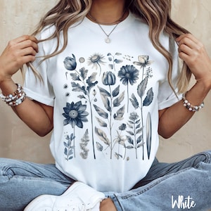 Boho Blue Floral Comfort Colors T-Shirt: Botanical Garden Design