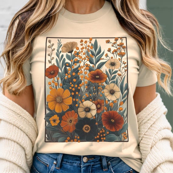 Boho Cottagecore T-Shirt: Autumn Wildflower Garden, Hippie Botanical