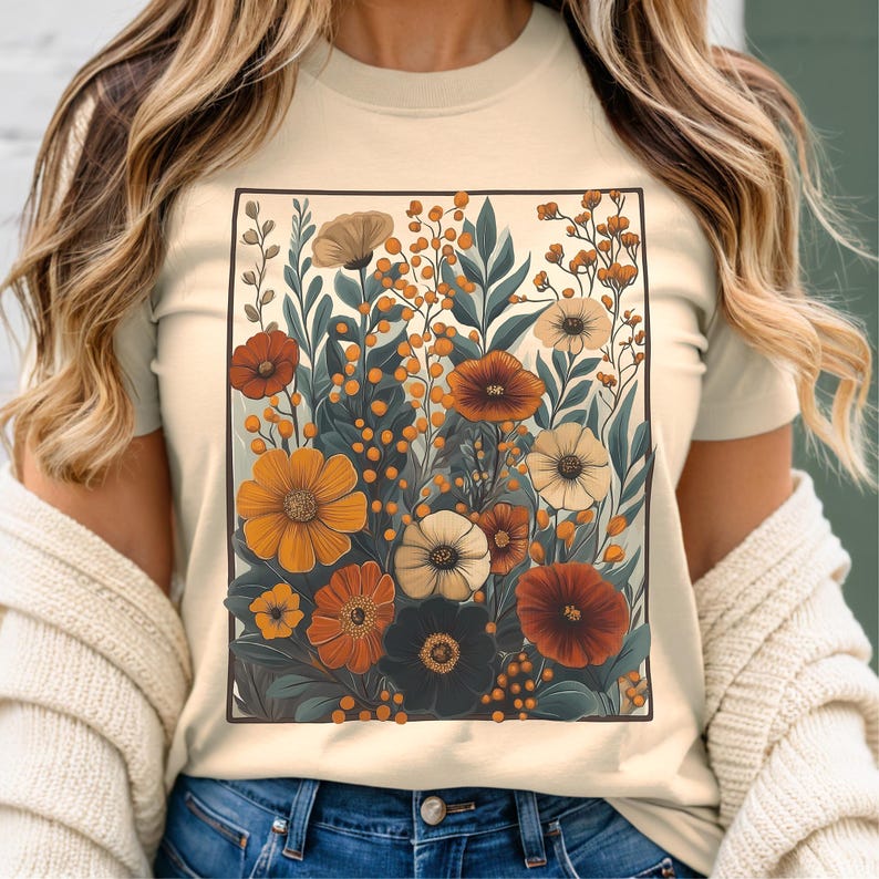 Puede incluir: Una camiseta beige con un estampado floral que presenta una variedad de flores en tonos naranja, amarillo, rojo y blanco. Las flores est&aacute;n rodeadas de hojas y tallos verdes.