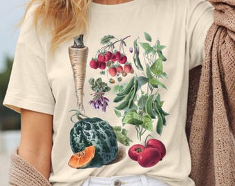 Camiseta vintage de huerto, camiseta botánica con tomates, judías y calabazas, camiseta de granja estilo cottagecore, camiseta con gráficos de verduras tradicionales