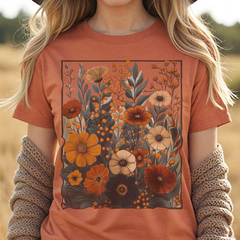 Puede incluir: Una camiseta de color &oacute;xido con un estampado floral vintage que presenta una variedad de flores en tonos naranja, amarillo, rojo y blanco. Las flores est&aacute;n rodeadas de hojas y tallos verdes.