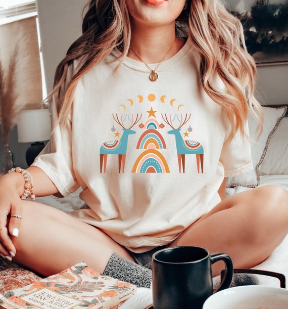 Comfort Colors Retro Christmas Tee: Boho Reindeer, Tree Design